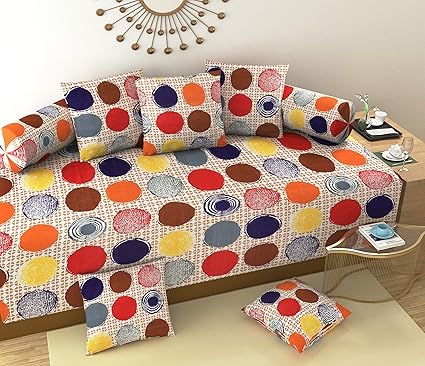 Homefab India Cotton 8 Piece Diwan Set - 3D Pattern, Multicolor, Polka