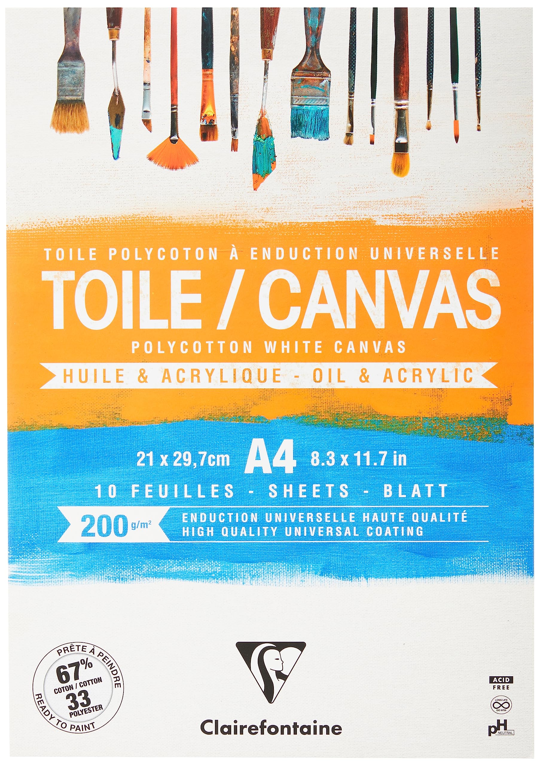 Clairefontaine - Ref 975207C - Ready to Paint Canvas Pad (10 Sheets) - A4 Sized, 200gsm Paper, Acid Free, pH Neutral - White - Suitable for Oil & Acrylic Paint