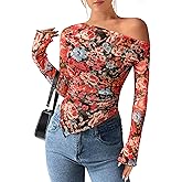 PRETTYGARDEN Womens Fall Trendy Off Shoulder Y2k Tops 2026 Tie Dye Mesh Long Sleeve Shirts Asymmetrical Ruched Floral Blouse