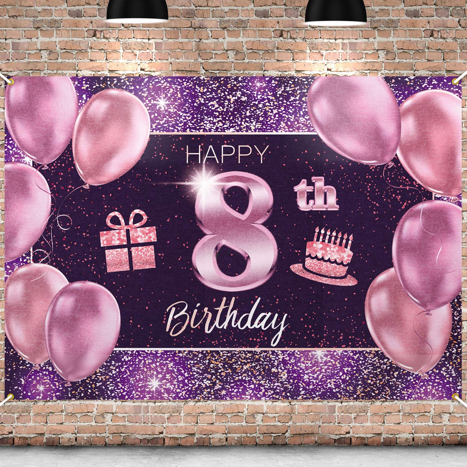 Photo 1 of PAKBOOM Happy 8th Birthday Banner Backdrop - 8 Birthday Party Decorations Supplies for Girls - Pink Purple Gold 4 x 6ft