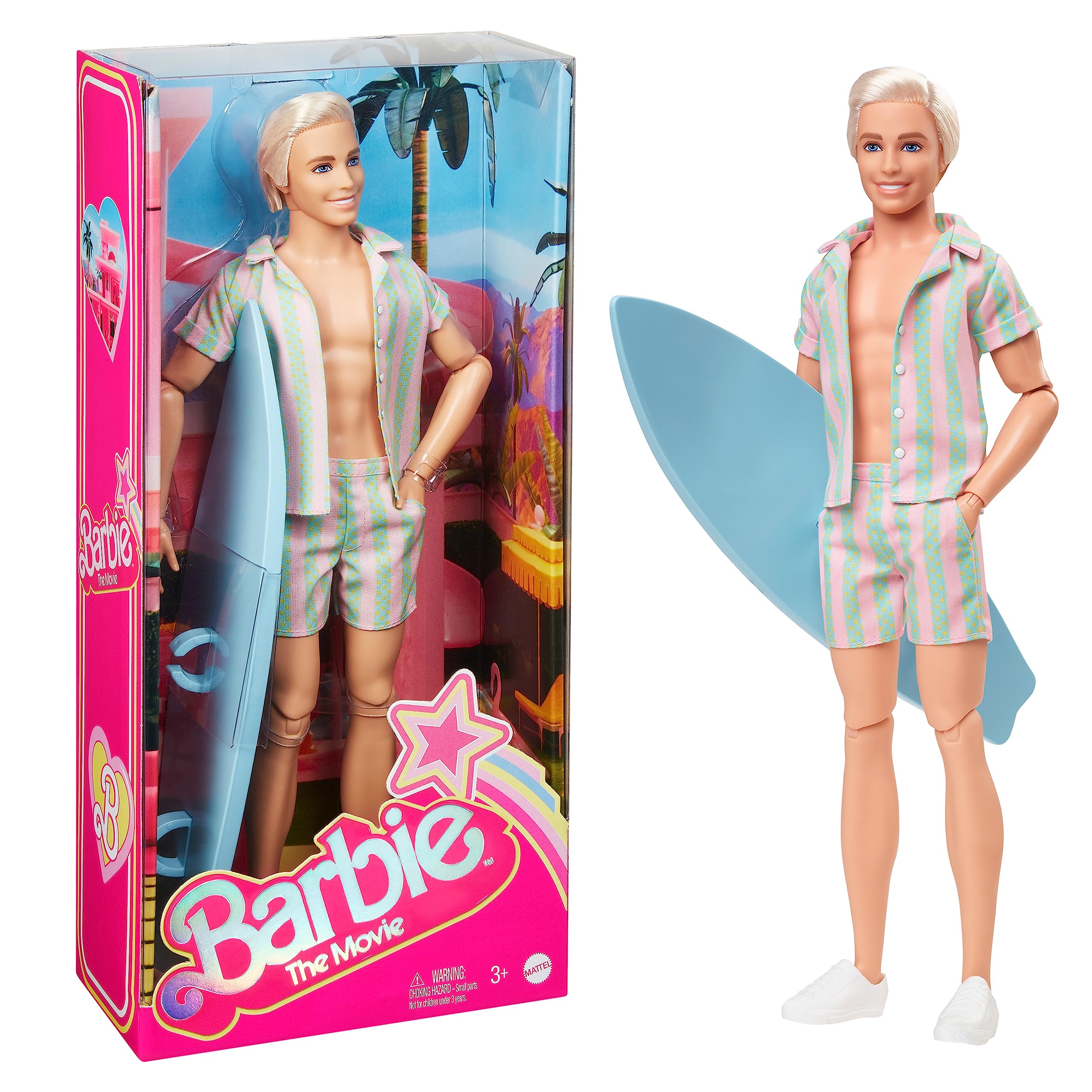 Barbie The Movie Ken Doll Wearing Pastel Pink and Green Striped Beach Matching Set with Surfboard and White Sneakers, HPJ97