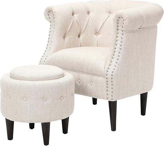 Amazon Com Leila Petite Tufted Fabric Chair And Ottoman Set Beige And Dark Brown Kitchen Dining