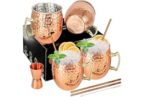 Moscow Mule Mugs Copper Mule Cup Kit 18oz Set of 4 with Handle Large Copper Hammered Plating Cups with 0.5oz Double Jigger, S