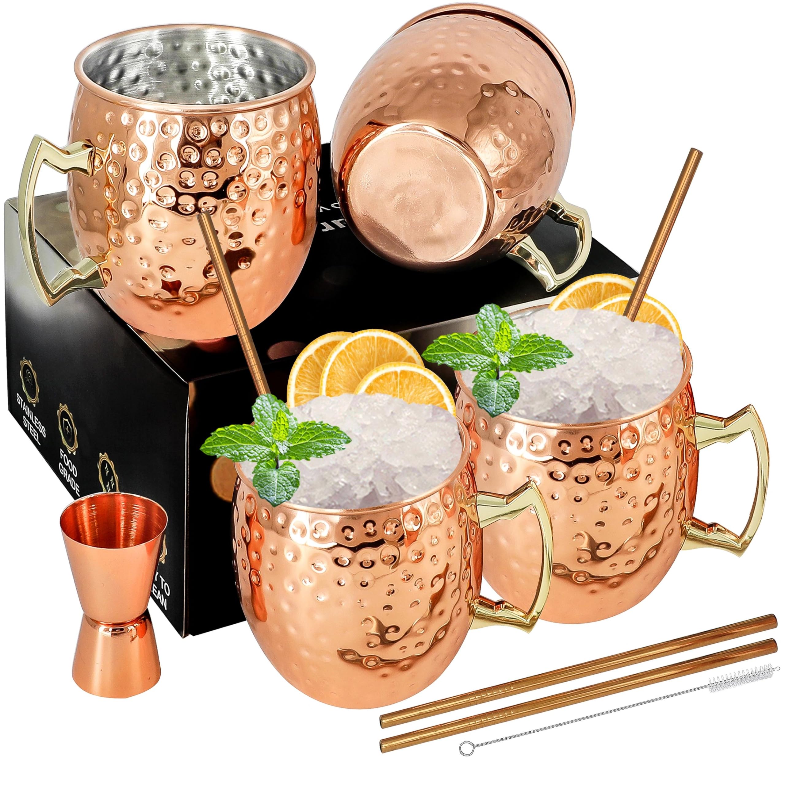 SuproBarware Moscow Mule Copper Mug Set of 4 Copper Moscow Mule Mugs 18oz Plated Stainless Steel Cups with 1/0.5oz Jigger for Cocktails Cold Drinks Barware
