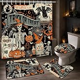 Koazava Halloween Shower Curtain for Bathroom Vintage Skull Pumpkin Witch Curtain Toilet Seat Cover U-Shaped Toilet Rug Bath Mat and Hooks for Restroom Window Home Indoor Decorations