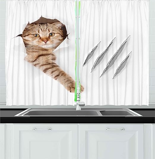 Amazon Com Ambesonne Animal Kitchen Curtains Funny Cat In Hole