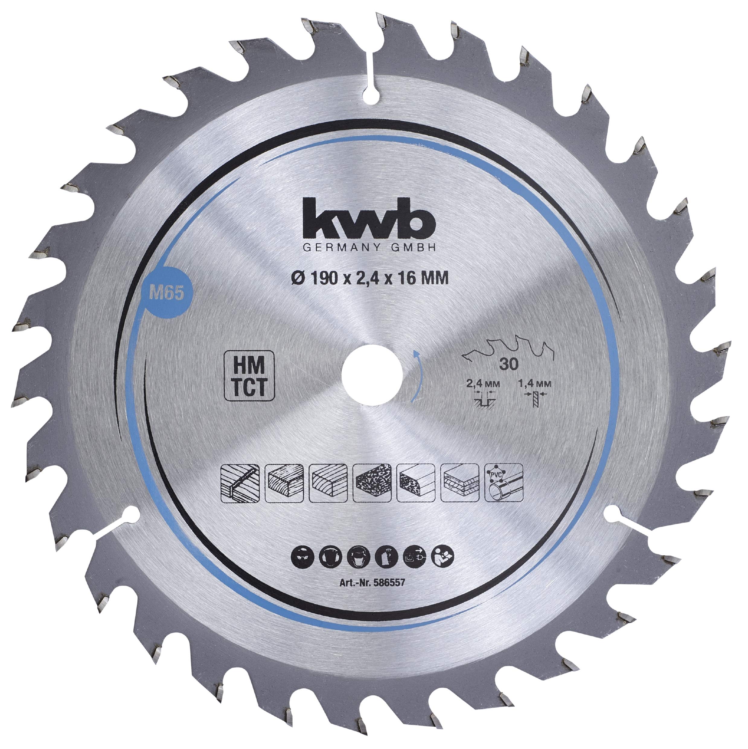 kwb 586557 Chipboard Circular Saw Blade, Wood/Hardwood, 190 x 16 mm, Clean cuts, Medium Number, 30 Teeth Z-30, CleanCut Saw Blade Medium, 190 x 16