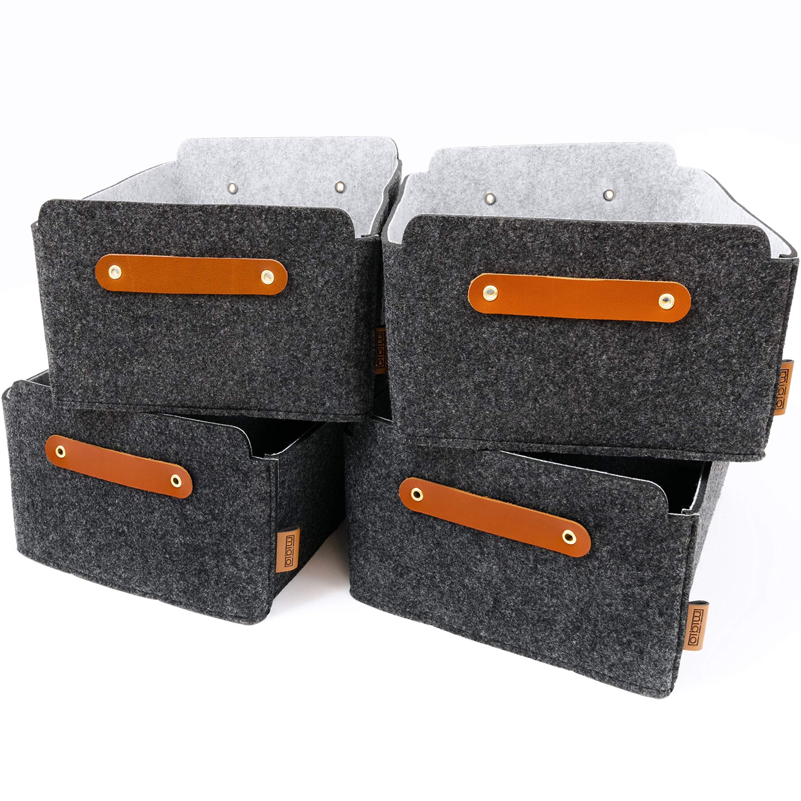Miqio® Design Felt Storage Box, Set of 4, with leather handle, 12x10x6 inch, Storage Baskets, Folding Box, Organiser Boxes, Dark Grey — image 1