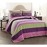 Lush Decor Royal Empire Reversible Cotton Quilt Set, 3 Piece Set Full/ Queen, Plum - Striped Bedding Set - Floral Quilt Queen Size - Purple Bedding - Boho Decor