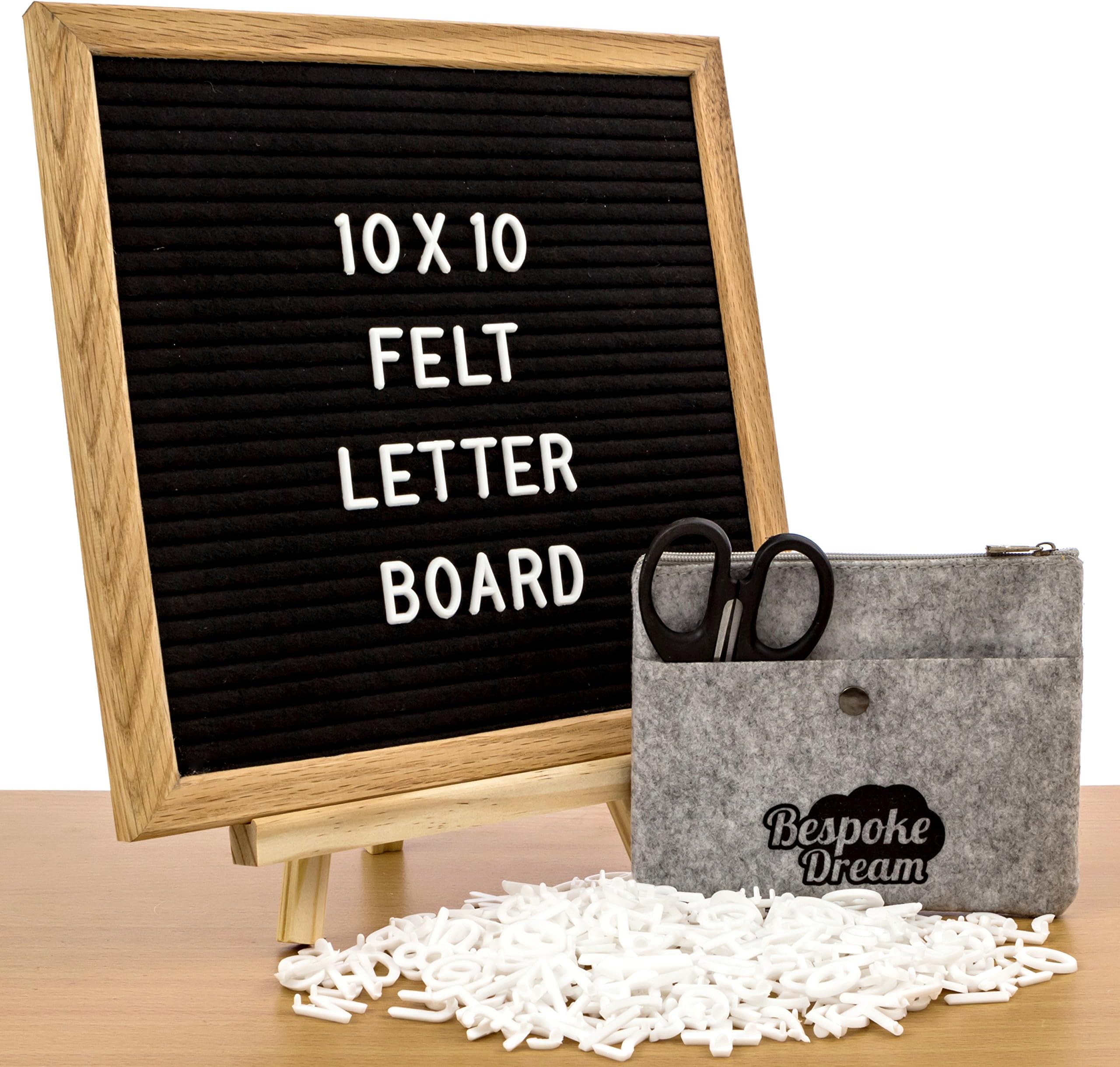 Premium Changeable Letter Board Set 10 x 10 Inches with Black Felt, Real Wood Frame with Wood Stand. 360 White Letters, Numbers, Emojis. Bonus Felt Storage Bag, Scissors, eBook of Motivational Quotes