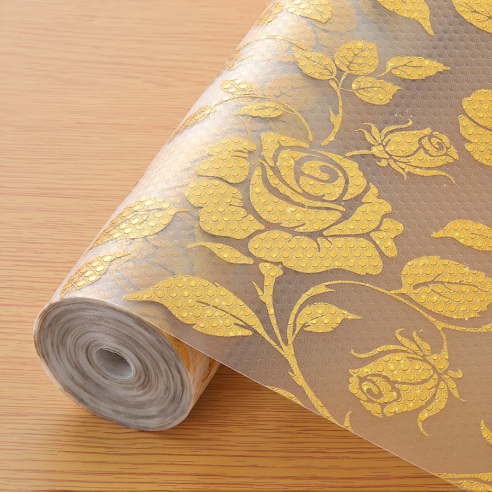 INNOLITES Shelf Liner for Cabinets, Non-Adhesive for Kitchen Drawer Liner, Waterproof Shelf Paper with Floral Pattern, Durable Easy to Clean (Golden Rose, 23.6" x 236") Image