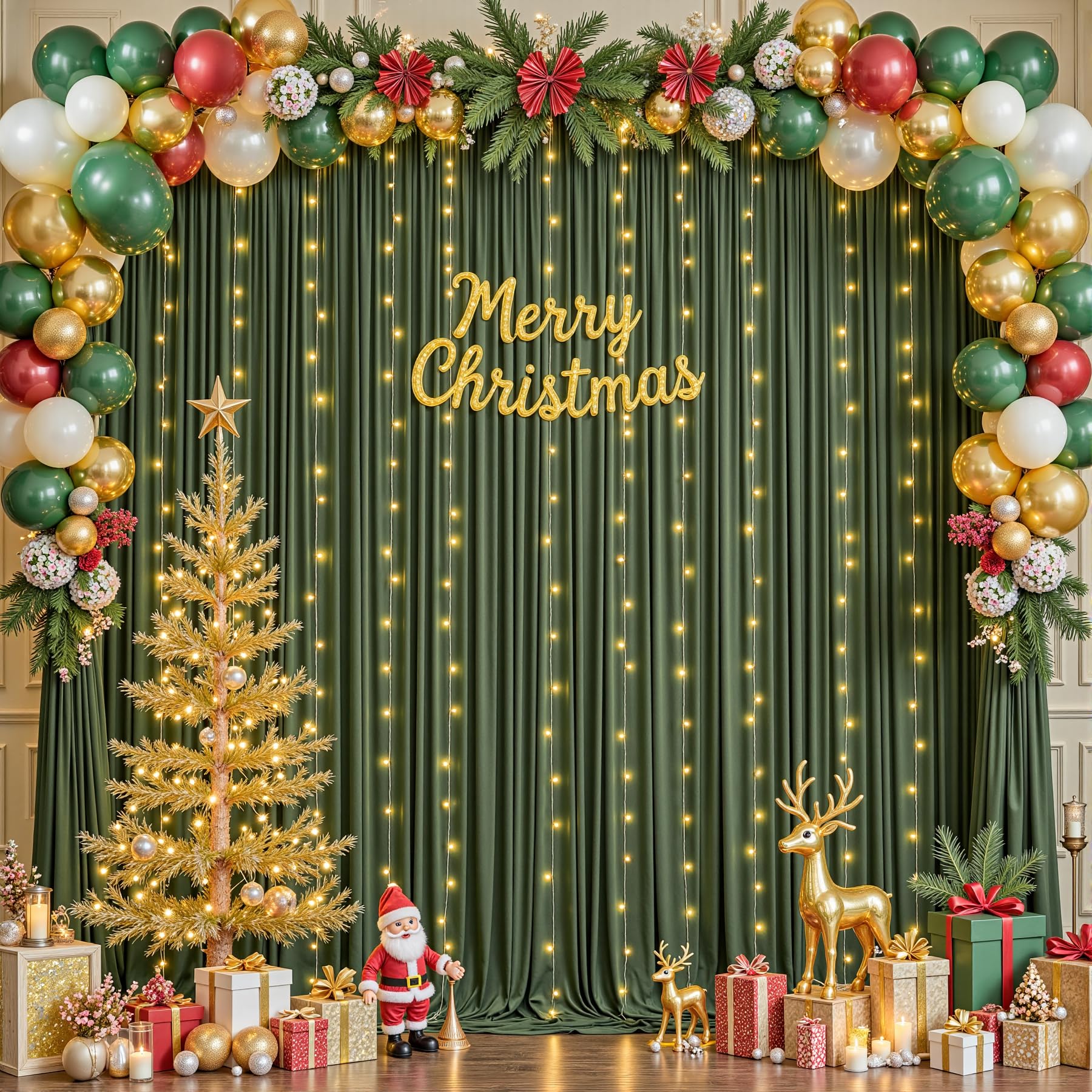 Photo 1 of 10 x 10ft Hunter Green Backdrop Curtains with Lights String Polyester Photo Backdrop Drapes Wrinkle Free Dark Green Long Curtain for Birthday Party Wedding Reception Baby Shower Ceremony-10 x 5ft x 2P
