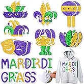 Lyrow 18 Pcs Self-Adhesive Mardi Gras Sequin Patches Glitter Carnival Fleur De Lis Mask Crown Sew on Embroidered Applique Repair Patch for Holiday Jeans Jackets Clothes Backpack Cap DIY Crafts Making
