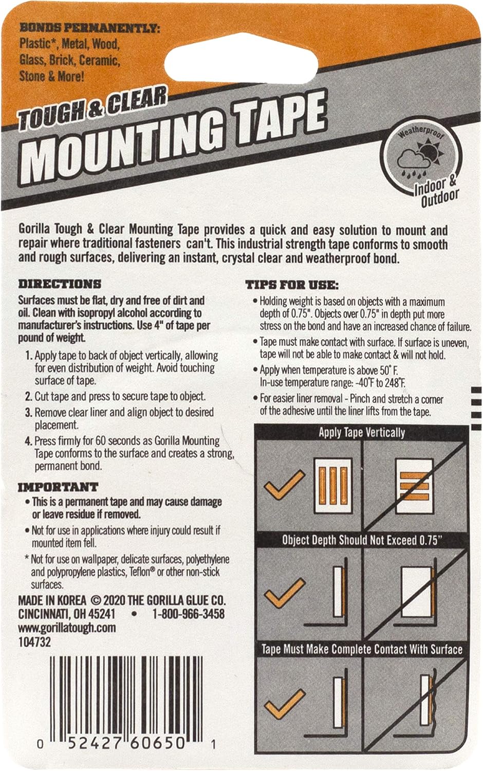 Gorilla Tough & Clear Double Sided Mounting Tape, 1" x 60", Clear, (Pack of 2) - 6065016: Home Improvement