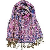 Plum Feathers Metallic Tapestry Ethnic Paisley Pattern Pashmina Scarf