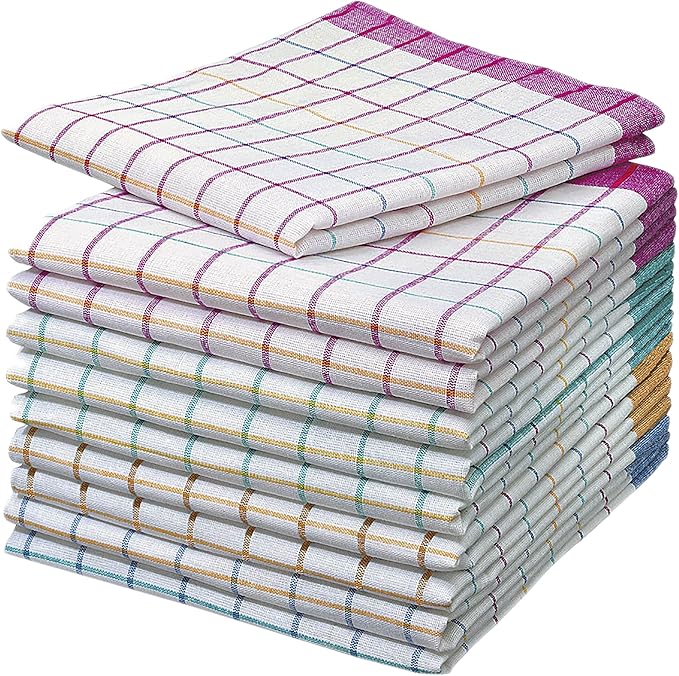 10x Tea Towels 100 Cotton Checked Wash at 60 Degrees 50 x 70 cm