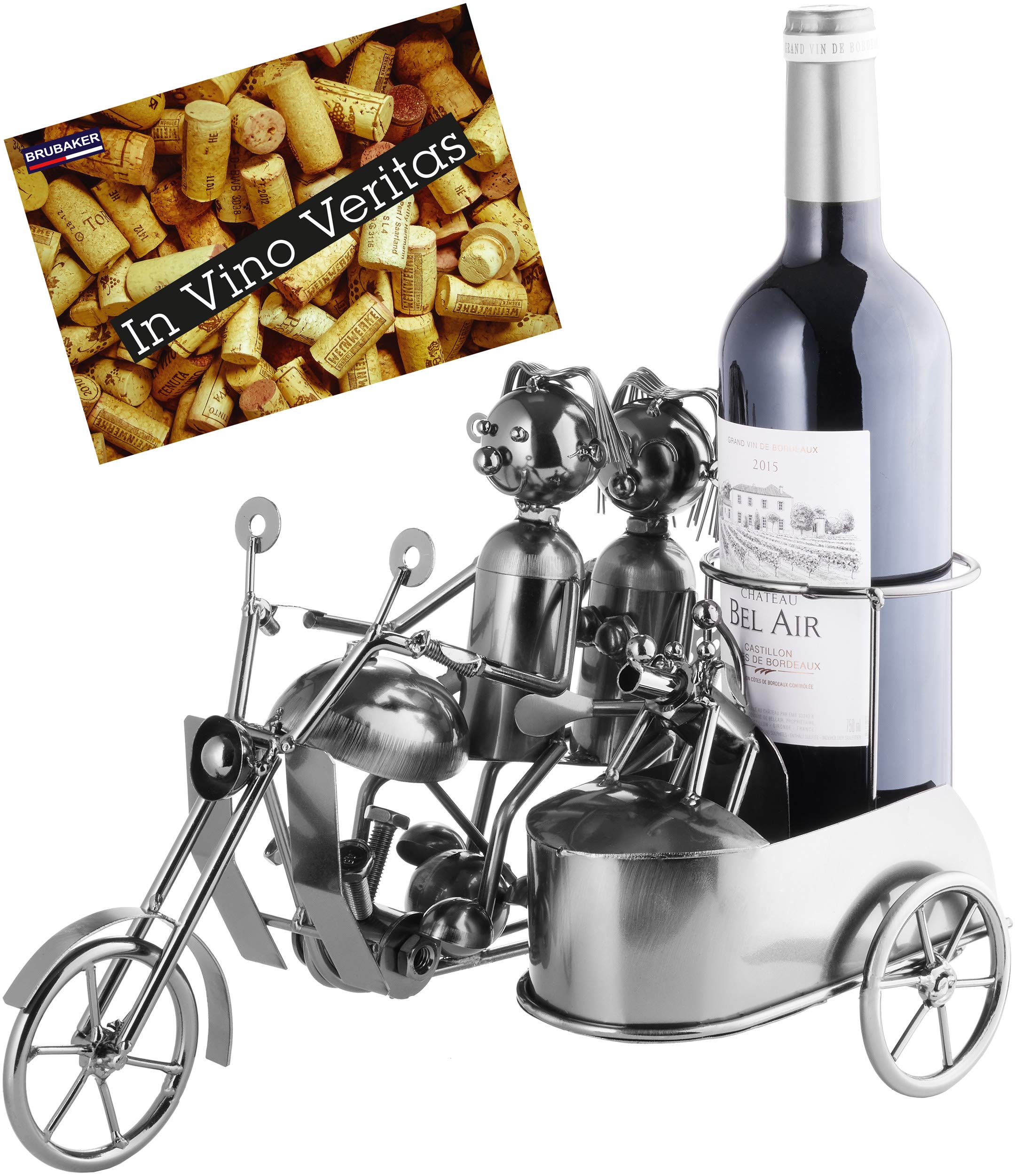 BRUBAKER Bottle Holder 'Motorcycle Couple with Dog in Sidecar' Metal Sculpture - including Greeting Card!