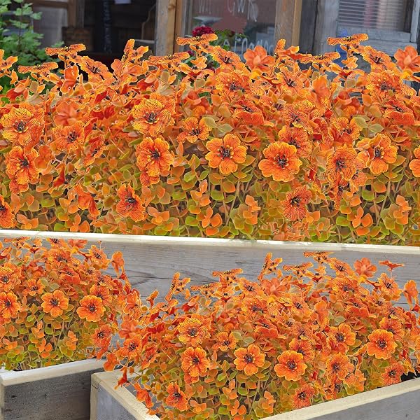 DRT DERUITAI 8 BUNDLES ARTIFICIAL FALL FLOWERS OUTDOOR,UV-RESISTANT FAKE FALL FLOWERS NO FADE OUTDOOR PLASTIC FAUX FLOWER PLANTS FOR OUTSIDE HOME DECOR(ORANGE GREEN)