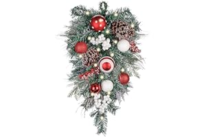 Valery Madelyn Pre-Lit Christmas Teardrop Swag for Decorating Outdoor, 24 Inch Red White Mailbox Swag Decoration with 20 LED Lights, Ball Ornaments for Front Door Stairway Window Shelf Xmas Decor