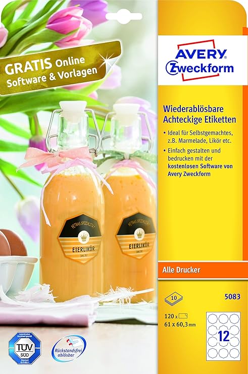 AVERY Zweckform 5083 Flaschenetiketten (ablösbar, 61 x 60,3mm auf A4, Achteckig, ideal für Einmachgläser, Gewürzgläser, Likör