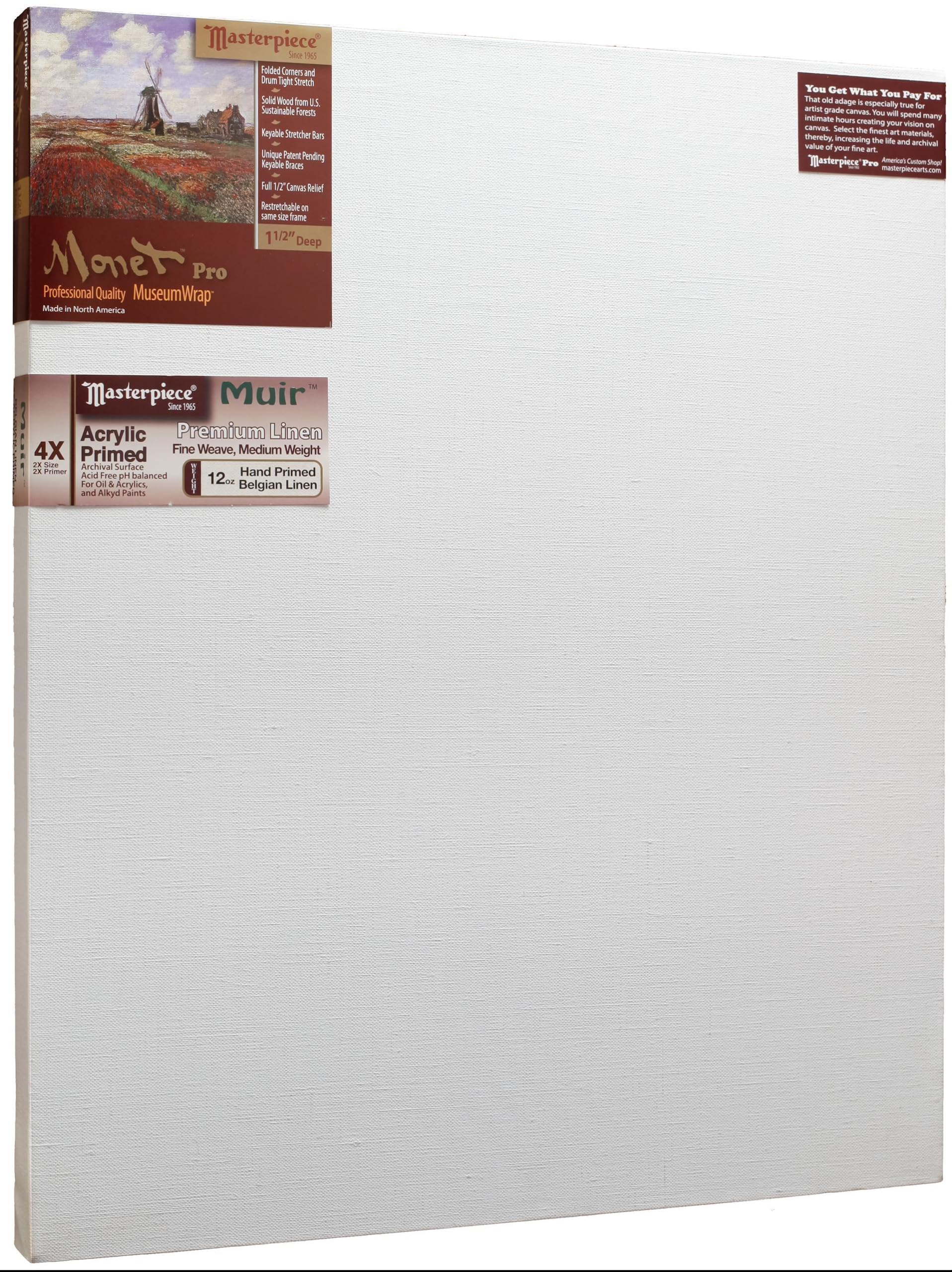 MASTERPIECE Z1MA-2736 Monet Pro 1.5″ Deep Muir Belgian Linen 12.0 oz Acrylic Primed Stretched Canvas 27″ x 36″ White