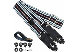 Nefelibata Guitar Strap, 2" Jacquard Embroidered Cotton Guitar Strap with Double-Length Leather Ends with Guitar Pick Pocket for Bass, Electric and Acoustic Guitars(Vintage Blue Check)
