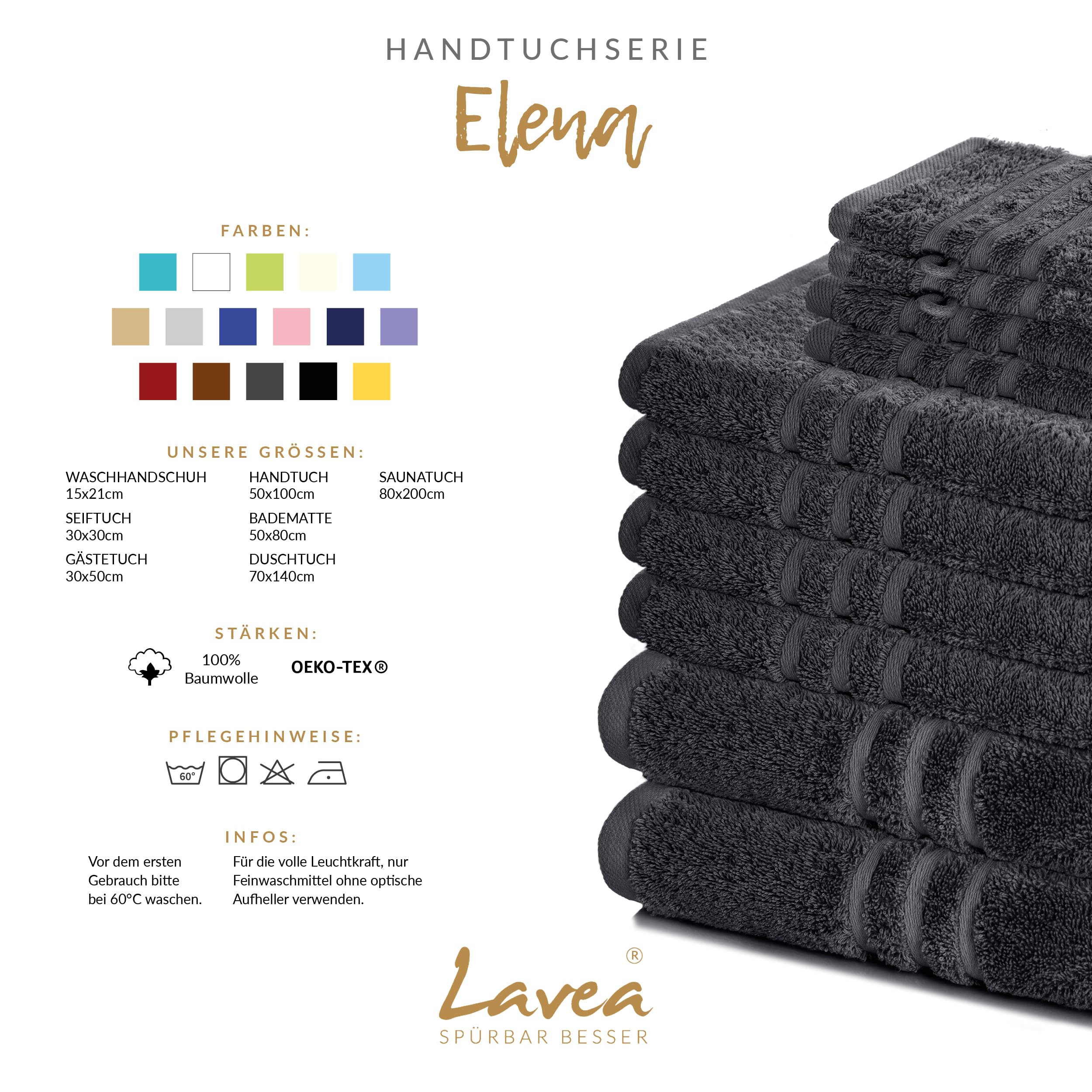 Lavea® 4er Set Handtücher 50x100 cm, Elena Frottiererie, 100% Baumwolle, Frottier Badetuch, saugstark und weich, Sporthandtuch, 60°C waschbar, trocknergeeignet, Handtuch Set, Frottee, Anthrazit 3