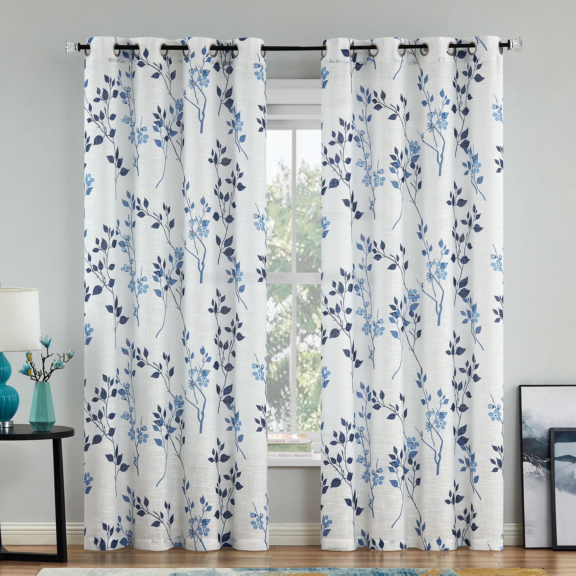 Photo 1 of ****SIMILAR PRODUCT****Beauoop Floral linen Semi Sheer Curtains 84 Inches Long 2 Panels for Living Room Bedroom Blue Navy Farmhouse Flower Patterned Light Filtering Textured Grommet Top Window Treatments Drapes, 50x84 2 Set