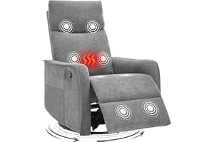 Trustyue Swivel Rocker Recliner Chair, 360° Swivel Recliner with Heat and Massage, Rocker Recliner Nursery Glider Chair with Side Pockets for Living Room (Grey, Fabric)