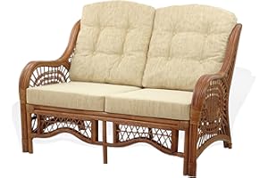 SunBear Furniture Lounge Malibu Loveseat Sofa ECO Natural Rattan Wicker Handmade Design with Cream Cushions, Cognac