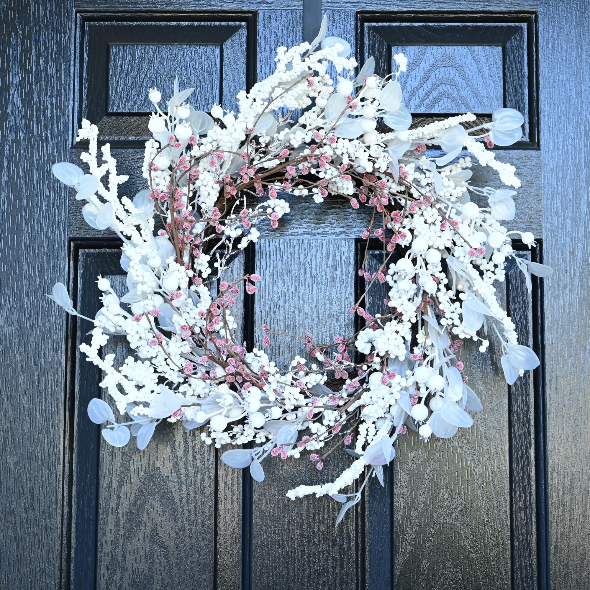 Photo 1 of 24 inch Winter Wreath for Front Door,Christmas Wreaths Front Door with White Eucalyptus Leaves and White Red Berry Outdoor/Indoor Wall Window Thanksgiving Décor Fireplace Christmas Decorations