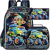 gxtvo 3PCS Boys Truck Backpack, 16" Kids Car Bookbag with Lunch Box, Water Resistant Elementary Preschool Toddler School Bag