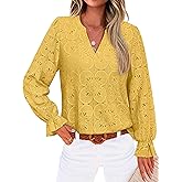 RUMIA Womens Blouses V Neck Eyelet Lace Tops with Lining Dressy Sheer Long Sleeve Shirts Embroidered Blouses 2025 Fashion