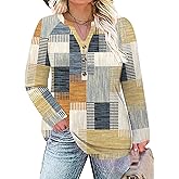 TFSDOD Plus Size Plaid Shirt For Women V-Neck Tops Long Sleeve Button Blouse Loose Fit Tunic Tee