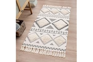 Chicrug 2x4 Runner Rug for Bedroom Bedside, Geometric Moroccan Washable Hallway Runner Carpet, Farmhouse Hand Tufted Woven Tassel Rug for Kitchen Bathroom Laundry Room Decor, Cream/Black