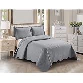Kids Zone Home Collection, Over Size, Elegant Vintage Floral Pattern Embossed, Light Weight, Scalloped Edges, Bedspread Set, Solid, #Stacy, 3 Pieces, Full/Queen, Light Grey