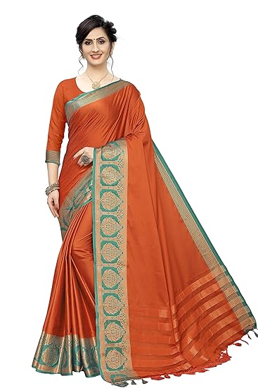 Leeza Store Women Banarasi Cotton Silk Kanjivaram Style Saree With Blouse Pices