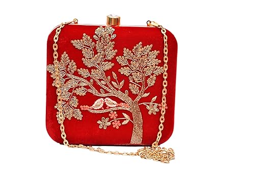 sugarcrush Womens Velvet Hand Embroidered Box Clutch, Maroon