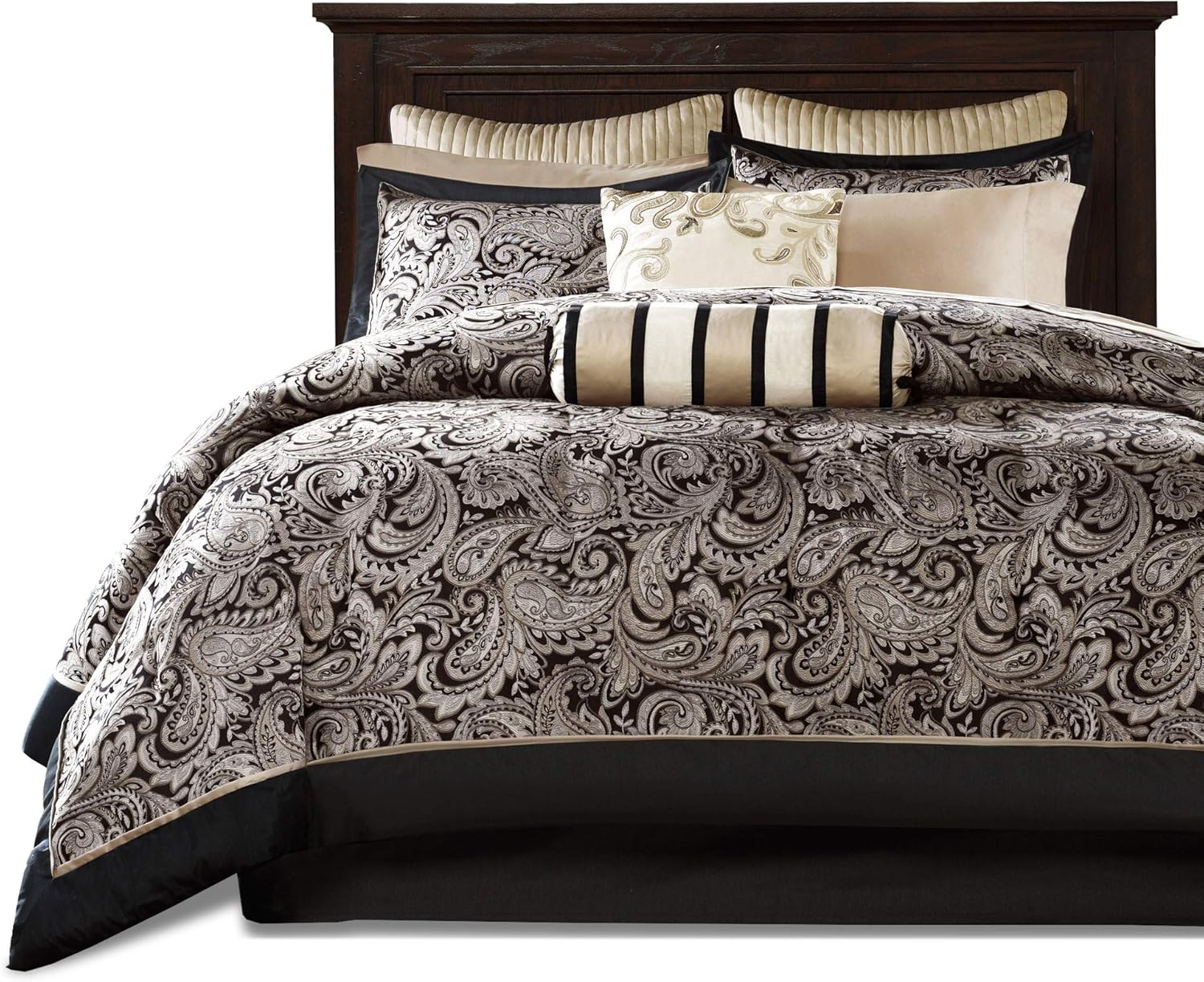 Madison Park Aubrey Queen Size Bed Comforter Set Bed In A Bag - Black, Champagne , Paisley Jacquard – 12 Pieces Bedding Sets – Ultra Soft Microfiber Bedroom Comforters: Home & Kitchen