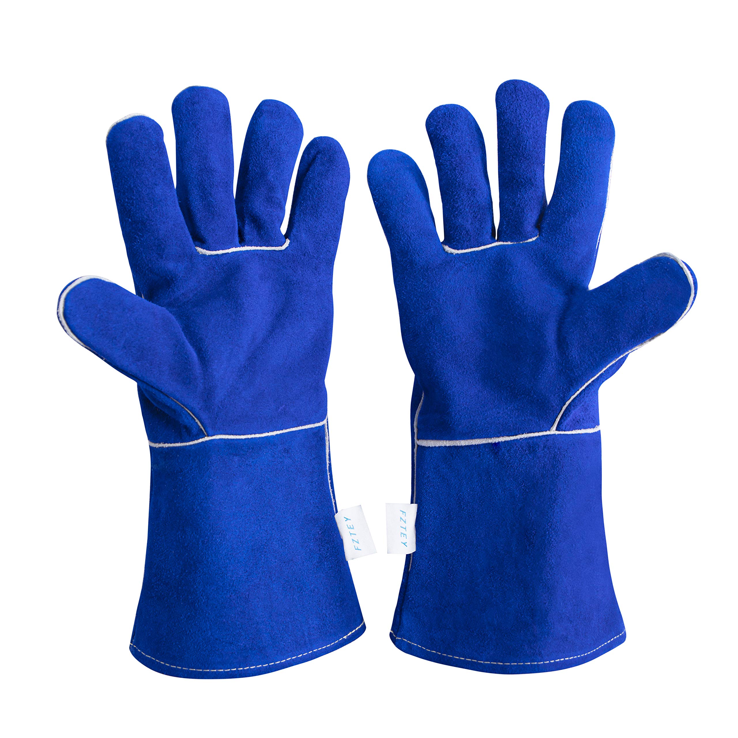 FZTEY Heat Resistant Fire Proof Guant, Welding High Temperature Gloves, Stove Long Leather Welders Thermal Gauntlets For BBQ,Mig,Log Burner, Woodburning,Fireplace (Blue)