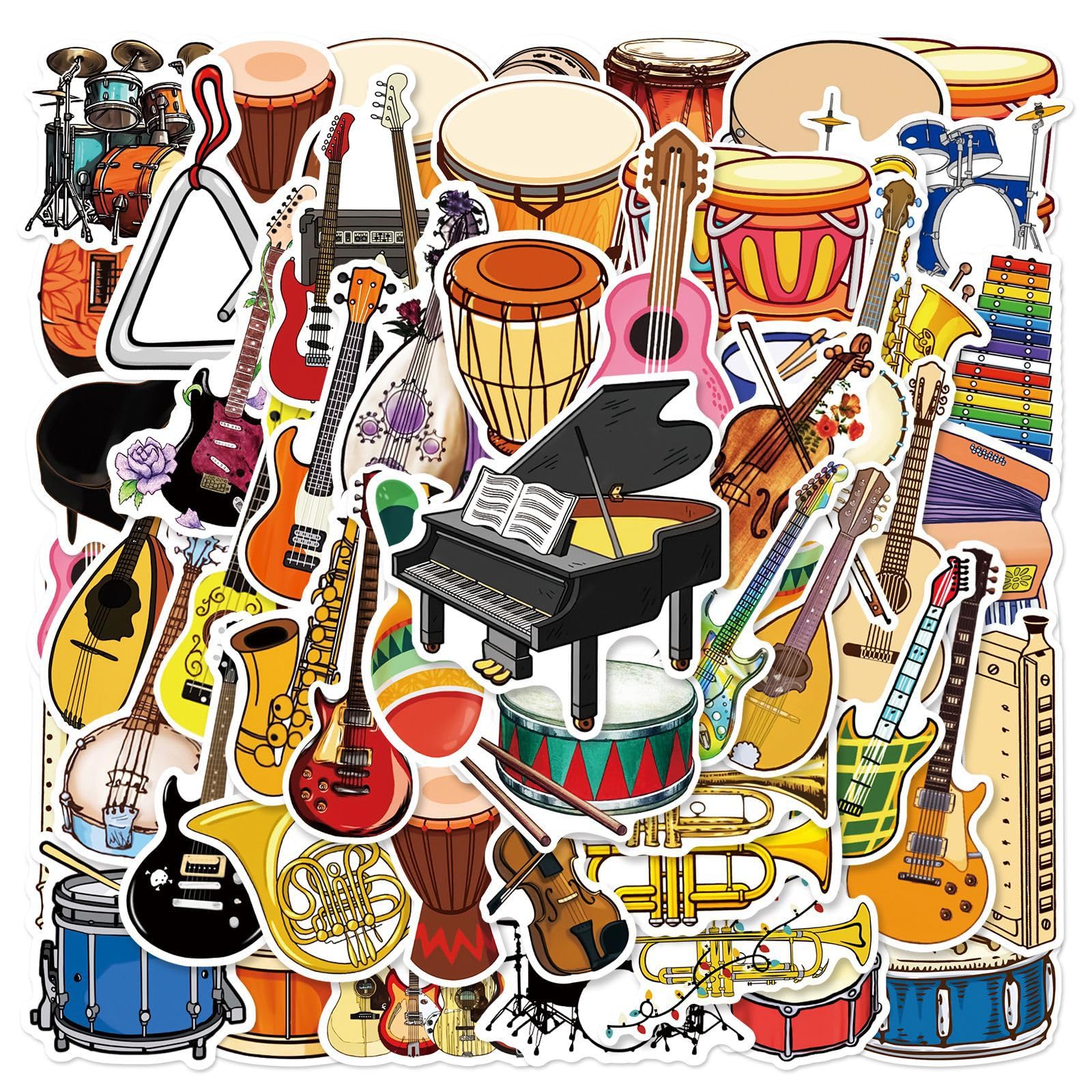 50PCS Musical Instrument Stickers Music Sticker Motivational Vinyl Waterproof Decals Cartoon Lovely PVC Kawaii Decals Funny Vinyl Decoration DIY Decor for Teens Helmet Cool Stickers