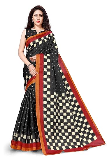 Womens Printed Khadi Silk Saree With Blouse Piece (12463-Black)