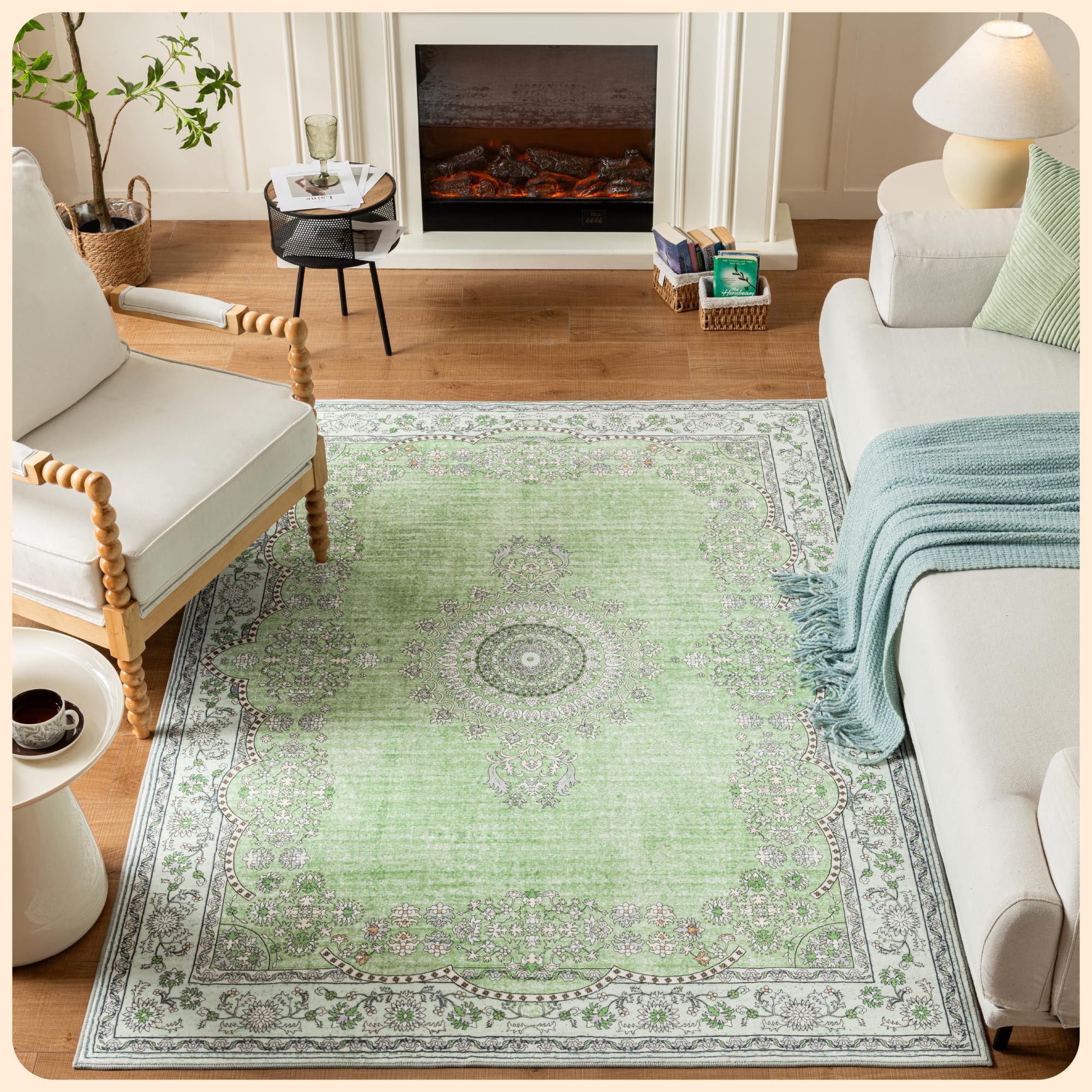 Istana 5x7 Area Rug - Green Rugs for Living Room 5x7 - Foldable Rugs for Bedroom - Stain Resistant Washable Rug - Eco-Friendly Boho Area Rugs - Easy to Clean Living Room Rug Image