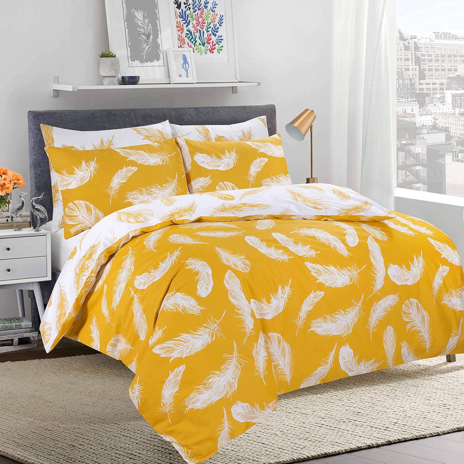 Adam Home 3 Pcs Duvet Cover Set King Feather Mustard Reversible Quilt Cover Set Soft Durable 1 Duvet Cover 2 Pillow Covers Luxurious Comfortable Printed Bedding Set