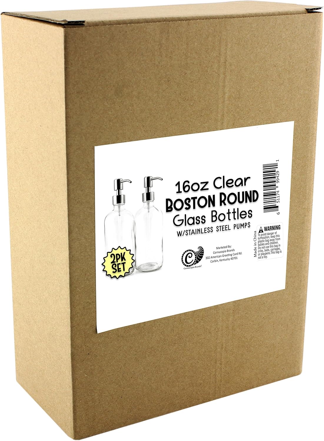 Cornucopia Brands 16-Ounce Clear Glass Boston Round Bottles w/Stainless Steel Pumps (2 Pack), Soap Dispenser Great for Essential Oils, Lotions, Liquid Soaps: Home & Kitchen