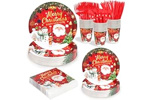 qonimi 168 Pcs Christmas Paper Plates and Napkins Sets Santa Claus,Snowman Disposable Dinner Tableware Set With 7" Plate, 9" Plates, Napkins,Cups & Knife & Fork &Spoon Party Supplies Serve 24 Guests