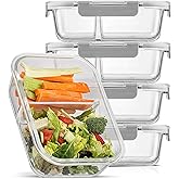 JoyJolt Divided Food Storage Containers with Lids Airtight. 5 Pack Glass Meal Prep Containers 2 Compartment Set Glass Bento Box. Reusable Food Containers, Portion Control Containers for Weight Loss