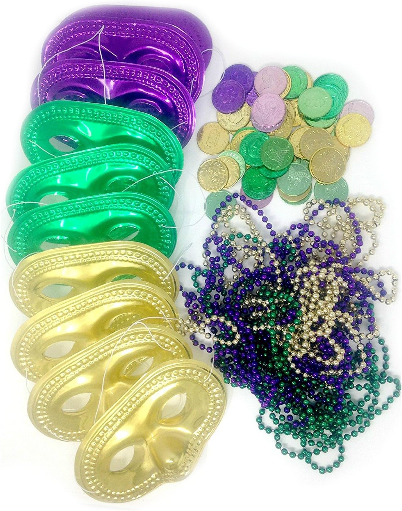 Mardi Gras Party Favor Set With Masks, Bead Necklaces, and Coins