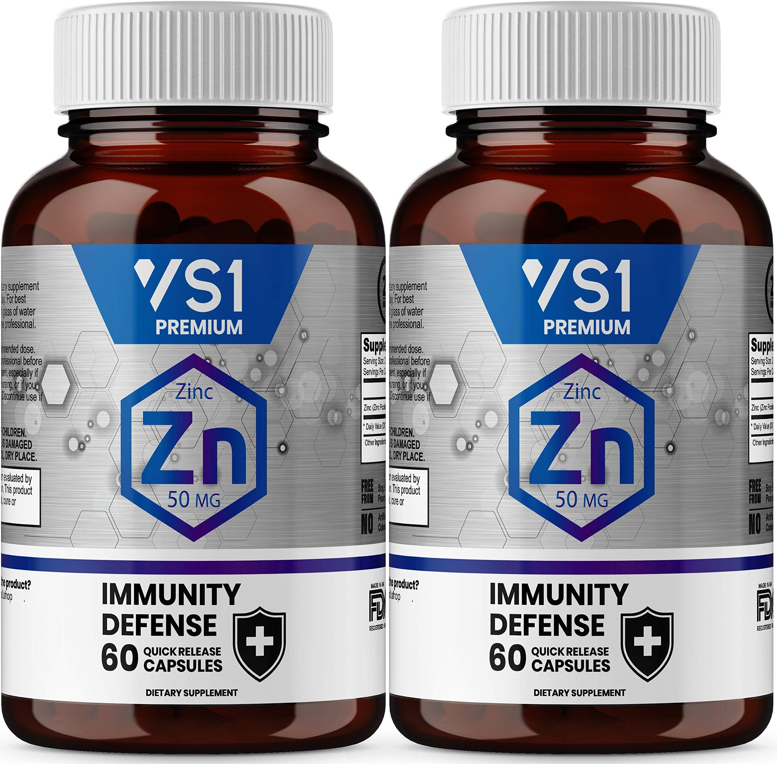 Zinc 50mg Picolinate by VS1- 2 Pack - Immune System Support Boost, Zinc Vitamin Supplements for Adults Kids - Immunity Defense, High Absorption - Non GMO, Gluten Free - 120 ct