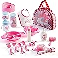 Prextex Juego de accesorios de muñeca de bebé de 18 piezas con funda de transporte, incluye botella, copa para beber, chupete